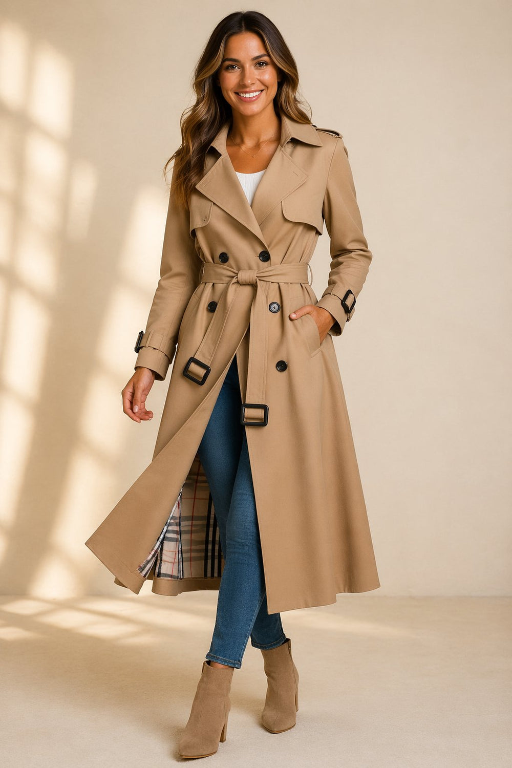 Abrigo Trinchera Largo Ajustable en Beige
