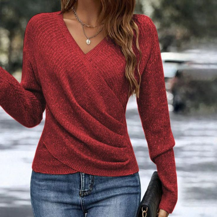 Acogedor Pullover en V en Rojo