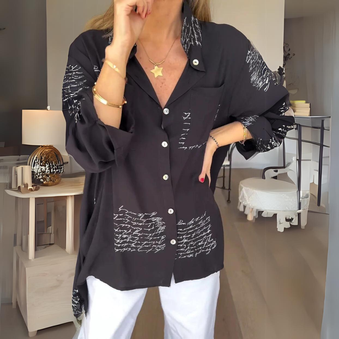 Blusa Abotonada con Estampado Manuscrito en Schwarz (Fast ausverkauft)