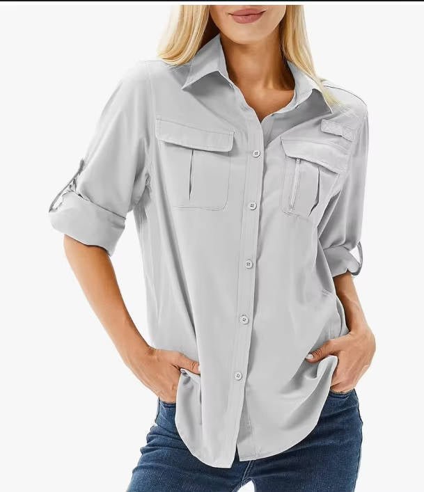 Blusa de Aventura con Manga Enrollable para Mujer en Gris claro