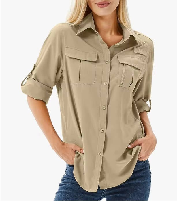 Blusa de Aventura con Manga Enrollable para Mujer en Schlammgelb