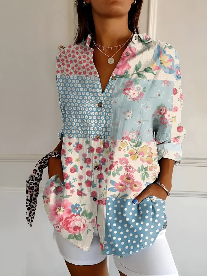 Blusa de Lino con Estampados Coloridos en Blumen Blau