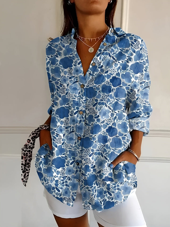 Blusa de Lino con Estampados Coloridos en Dunkelblau Floral