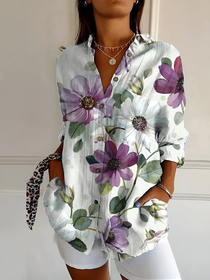 Blusa de Lino con Estampados Coloridos en Lila Blumen