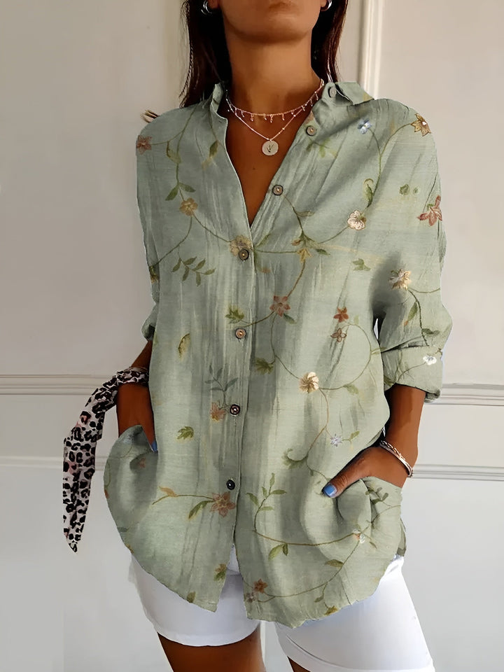 Blusa de Lino con Estampados Coloridos en Verde
