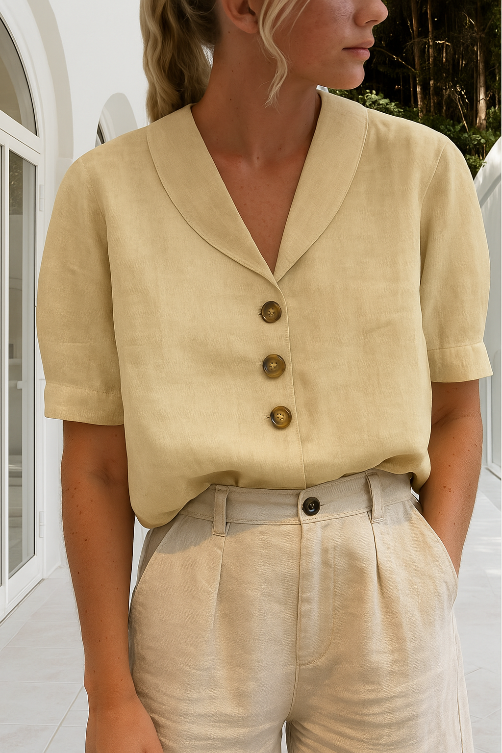 Blusa Mujer de Lino Elegante para Verano en Beige