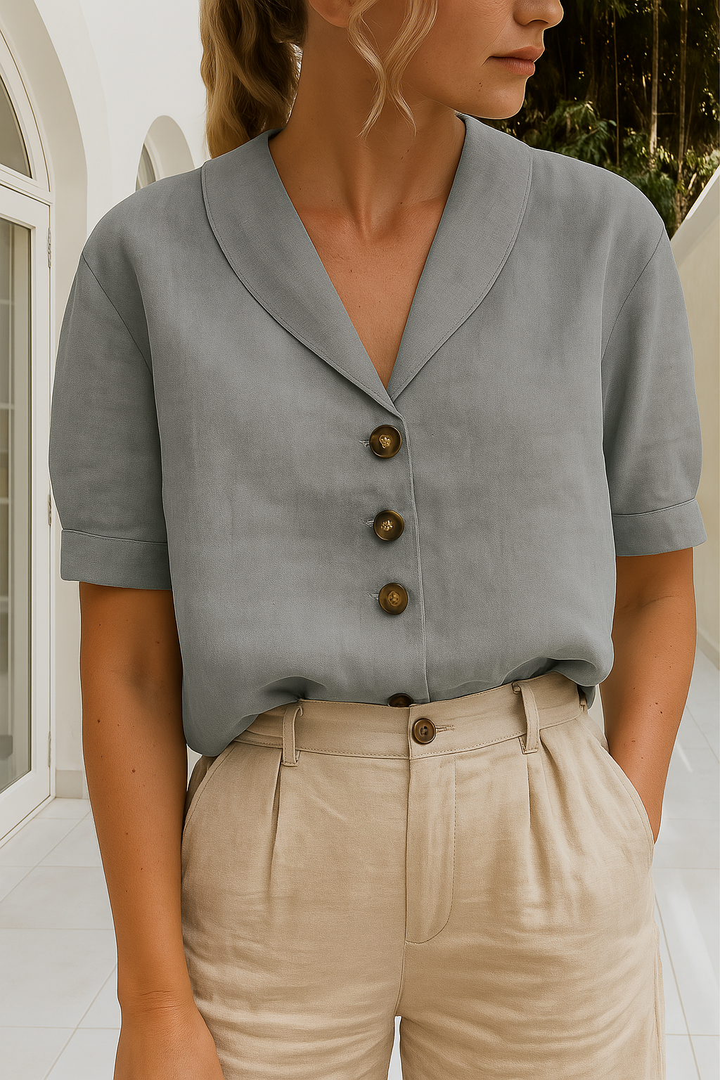 Blusa Mujer de Lino Elegante para Verano en Gris