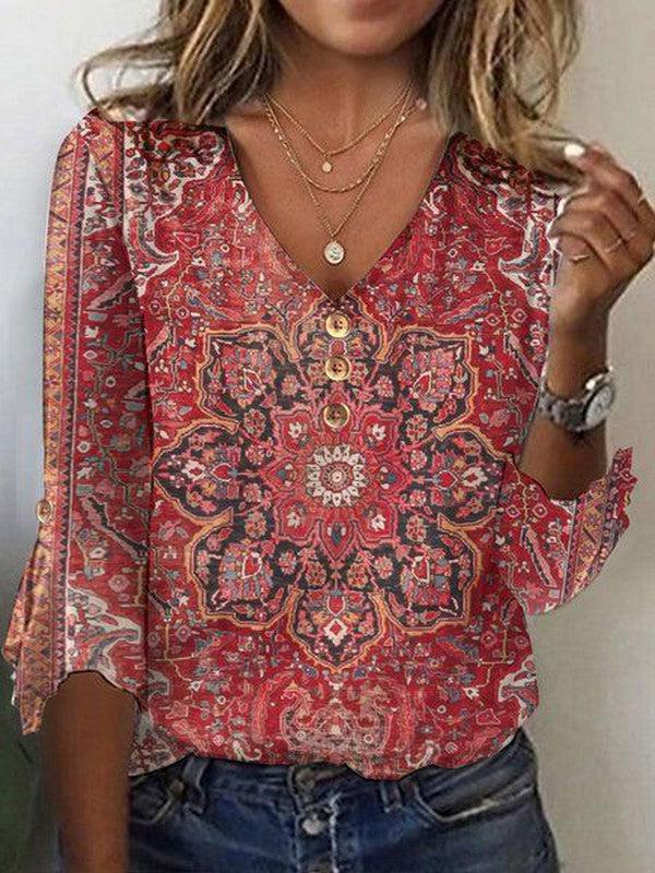 Blusa Mujer Estampada Boho para Verano en Rojo 2