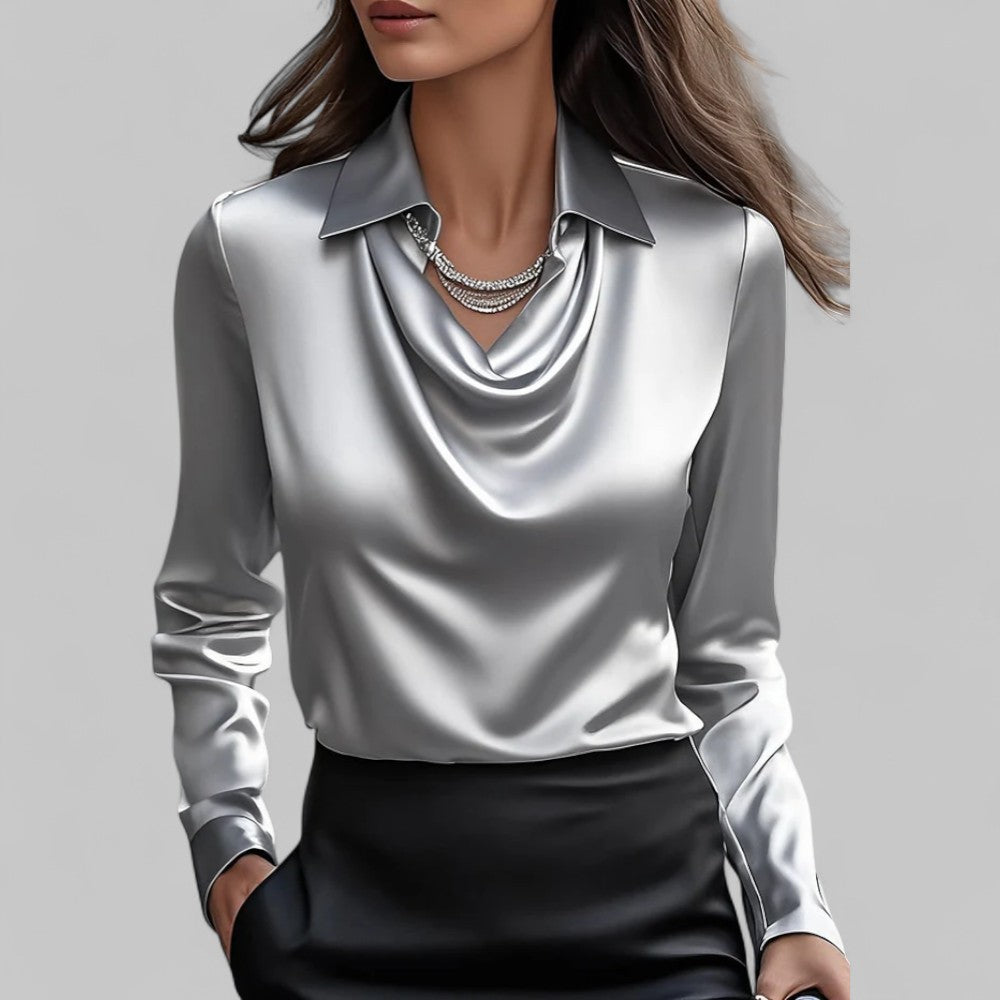 Blusa Satinada con Drapeado para Eventos en Gris