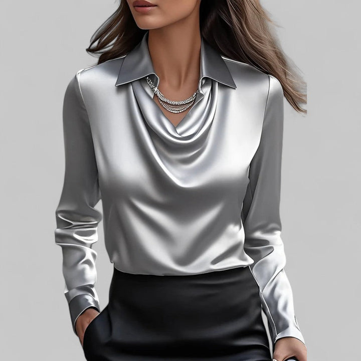 Blusa Satinada con Drapeado para Eventos en Gris