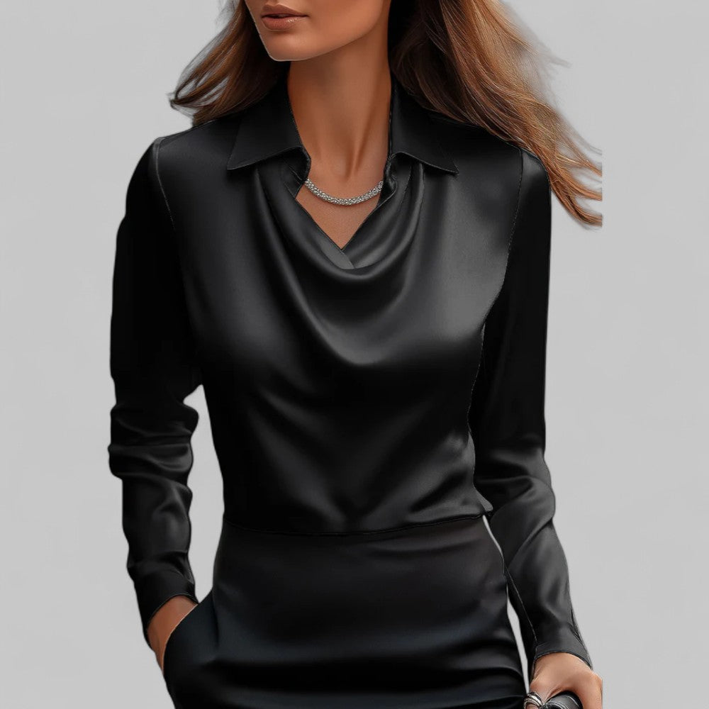 Blusa Satinada con Drapeado para Eventos en Negro