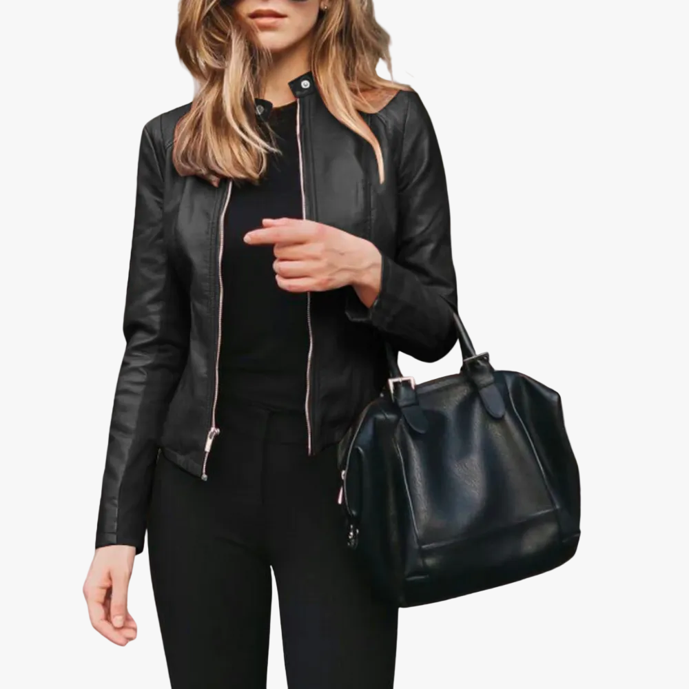 Bomber-Style Polyurethane Jacket with Zip Front en Negro