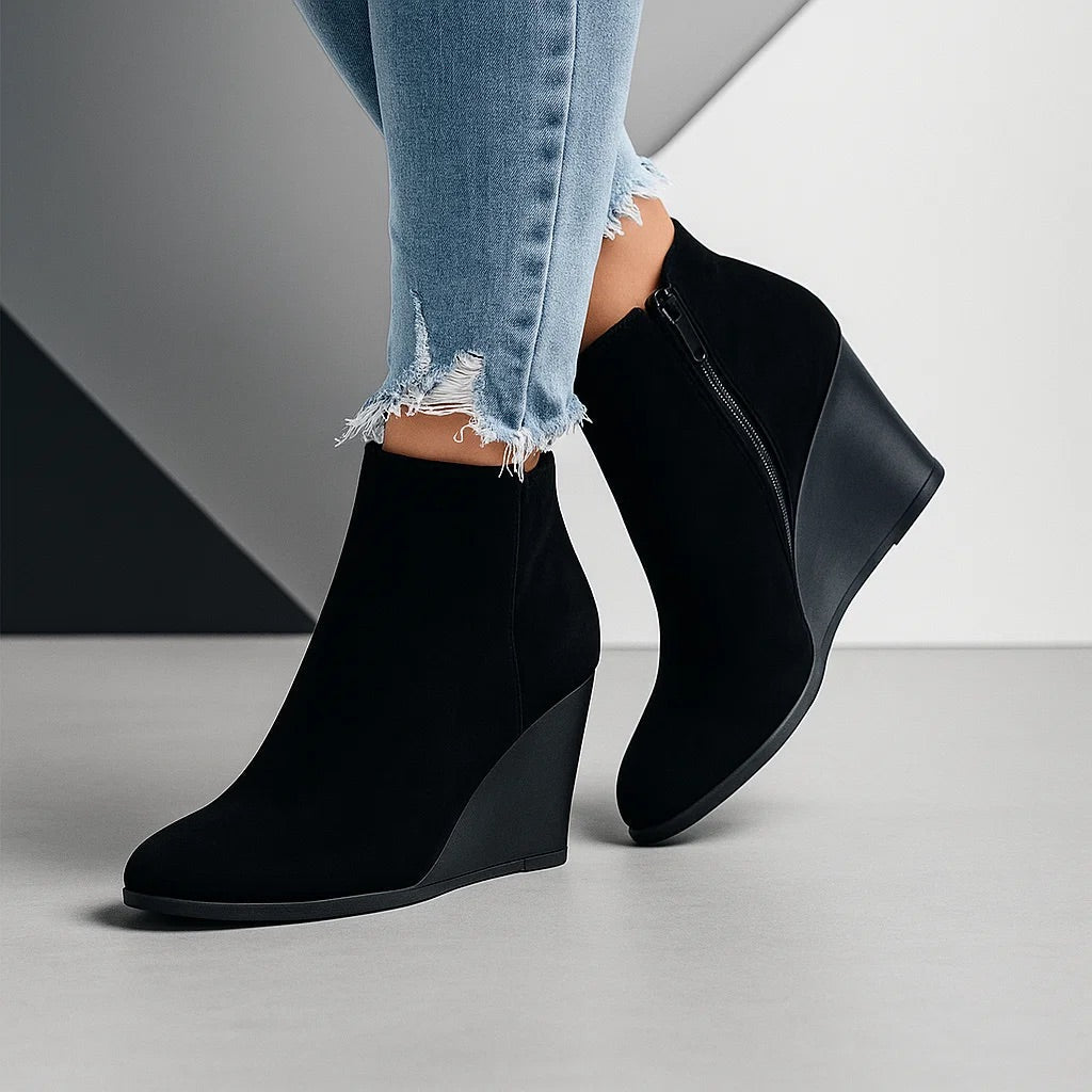 Botas de Ante Tobillo con Cuña para Mujer en Negro