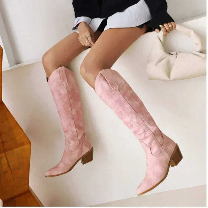 Botas de cuero estilo cowboy hasta la rodilla en Rosa