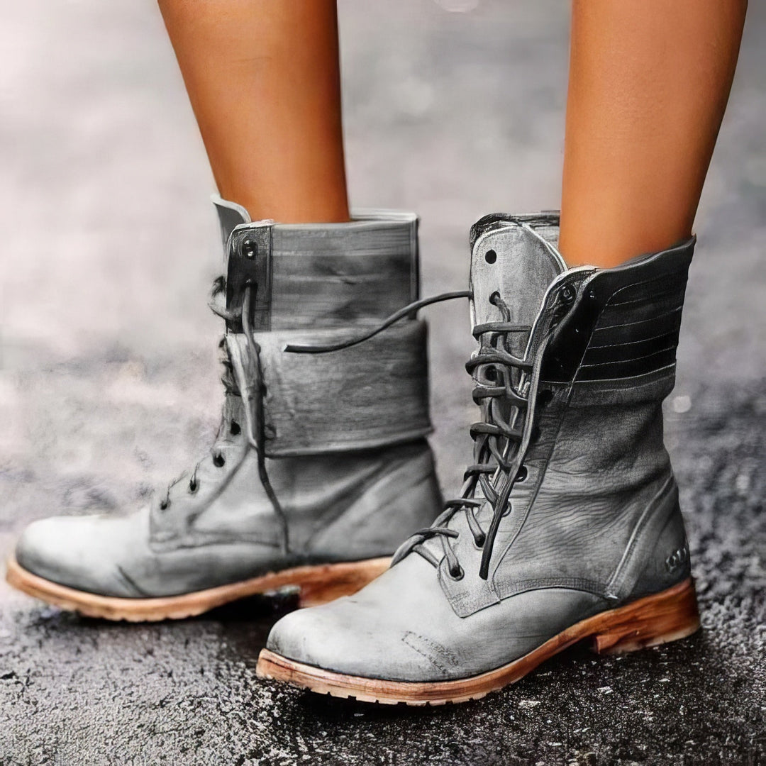 Botas de Cuero Retro Clásicas para Mujer en Gris