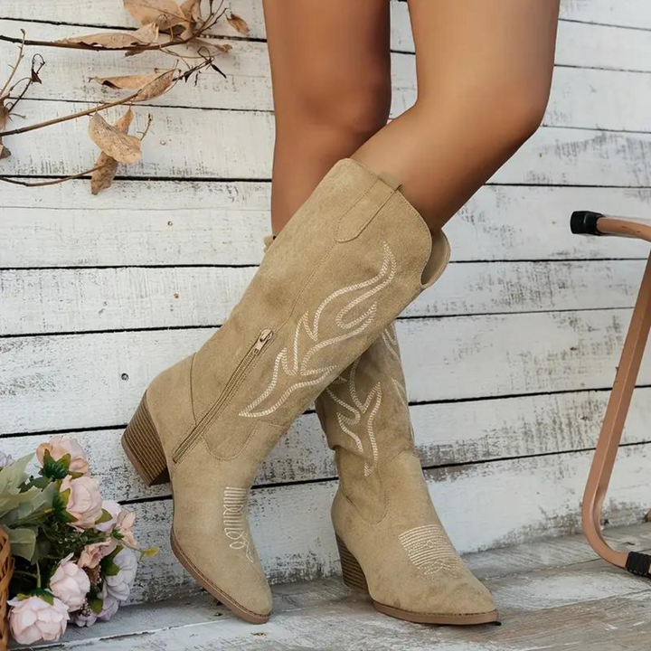 Botas de Cuero Vaquero Retro para Mujer en Beige