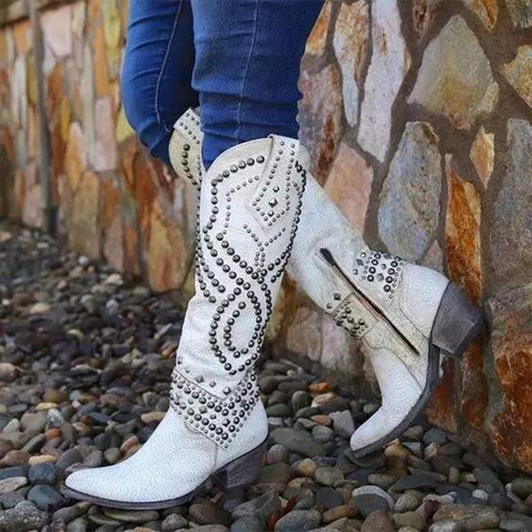 Botas Vaqueras de Cuero Mujer Tacones Altos en Blanco