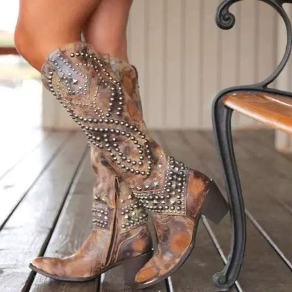 Botas Vaqueras de Cuero Mujer Tacones Altos en Marrón