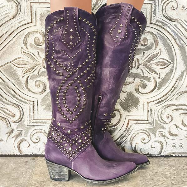Botas Vaqueras de Cuero Mujer Tacones Altos en Morado