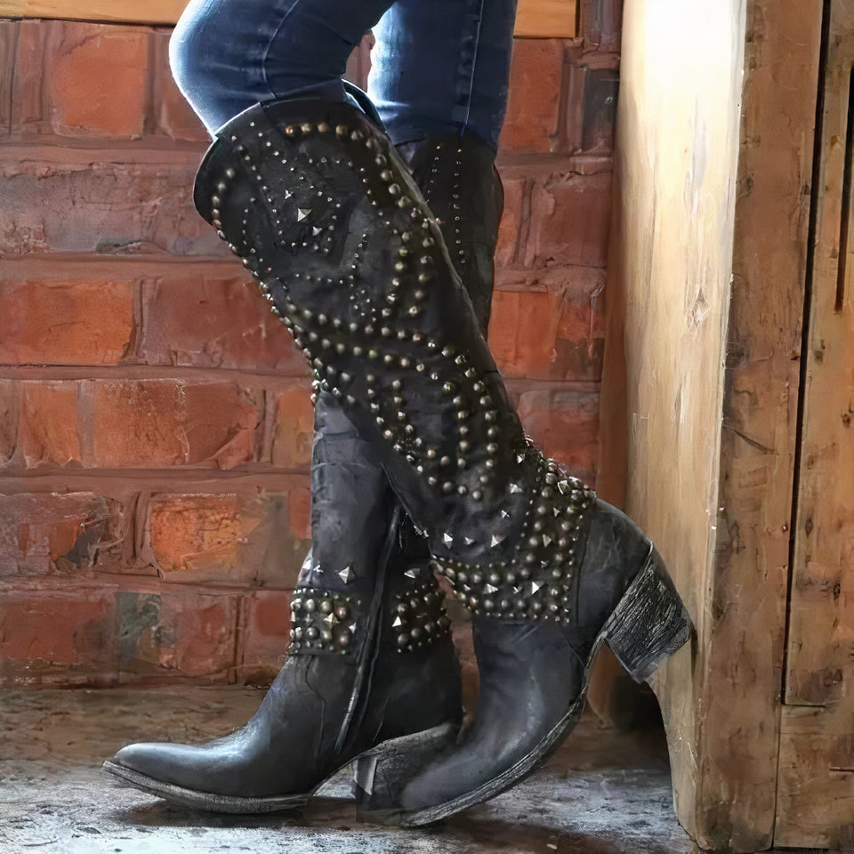 Botas Vaqueras de Cuero Mujer Tacones Altos en Negro