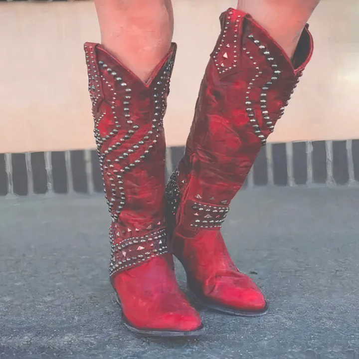 Botas Vaqueras de Cuero Mujer Tacones Altos en Rojo