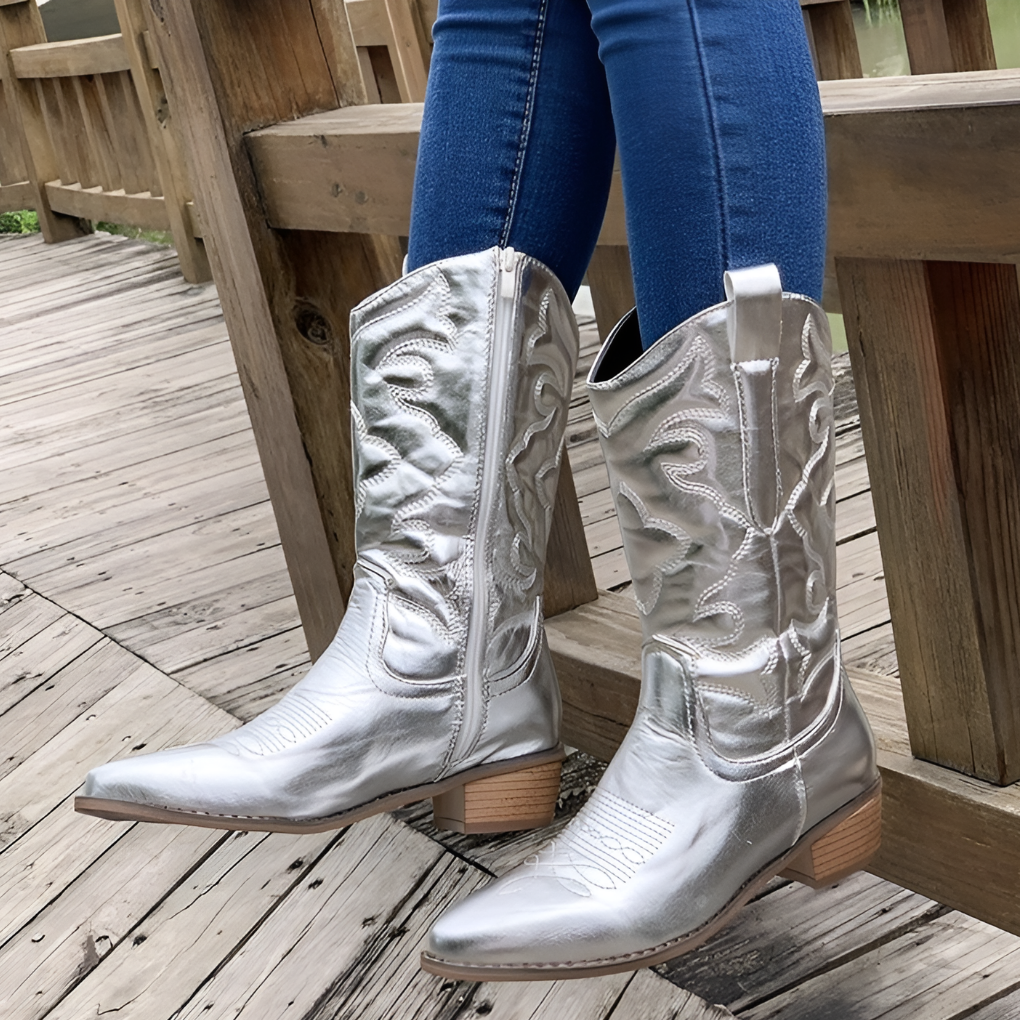 Botas Vaqueras de Cuero Otoño para Mujer en Plateado