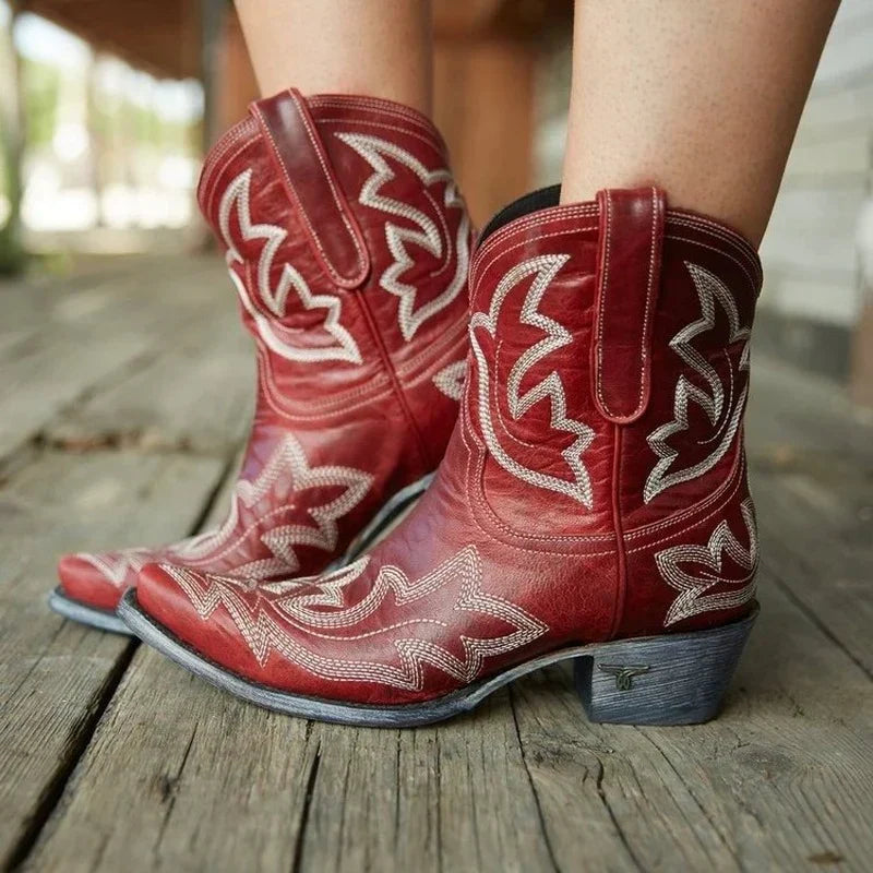 Botas Vaquero de Cuero Bordadas en Rojo