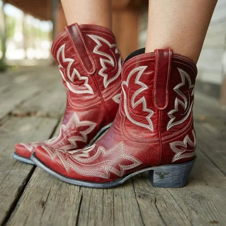 Botas Vaquero de Cuero Bordadas en Rojo