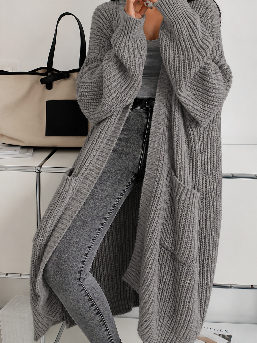 Cardigan de Punto Holgado para Mujer en Gris