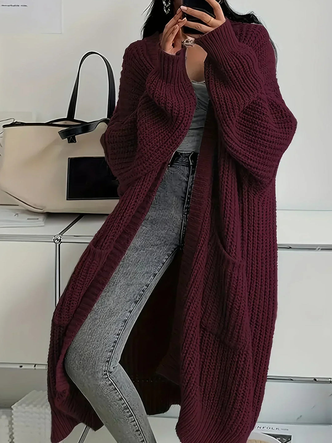 Cardigan de Punto Holgado para Mujer en Karmesinrot