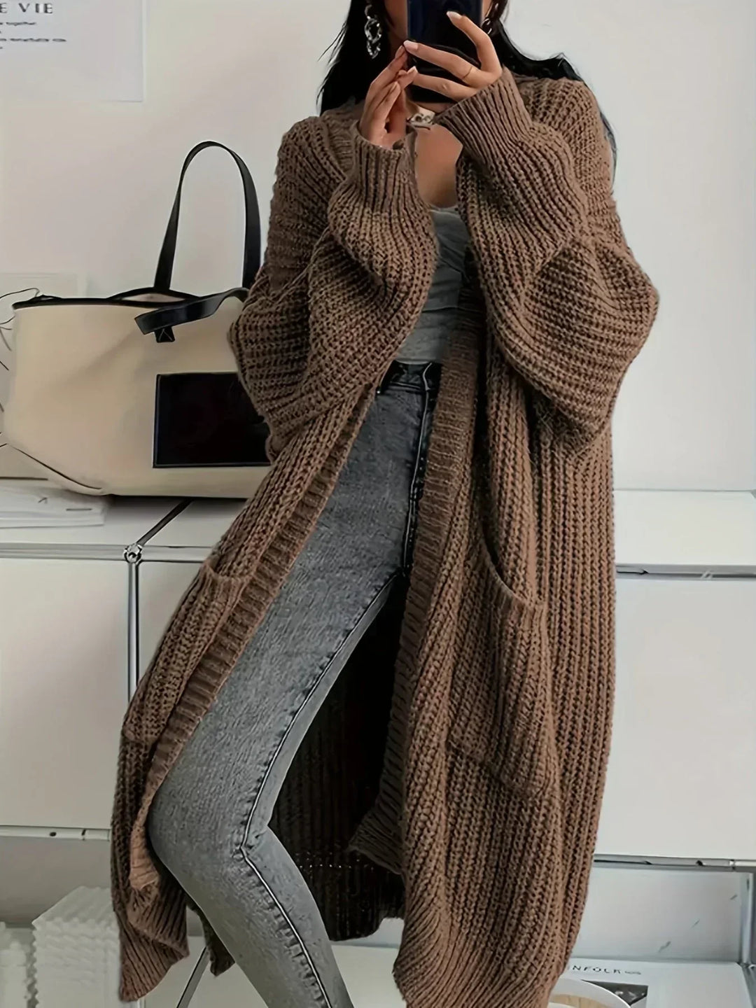 Cardigan de Punto Holgado para Mujer en Marrón