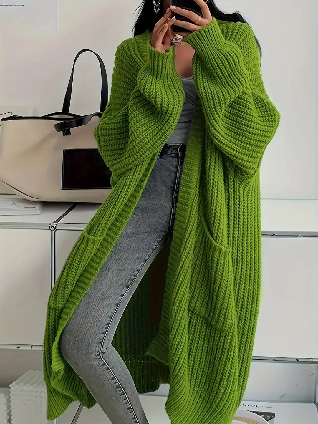 Cardigan de Punto Holgado para Mujer en Verde oliva