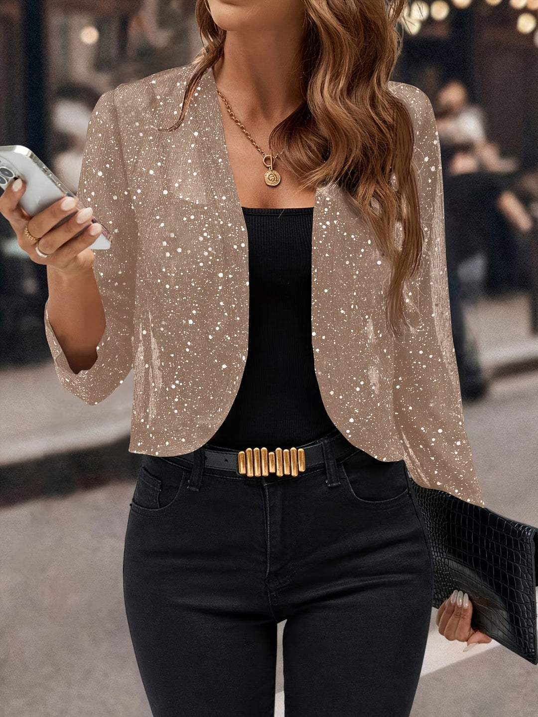 Chaqueta Cardigan Brillante de Lentejuelas en Beige