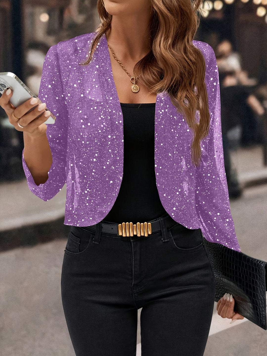 Chaqueta Cardigan Brillante de Lentejuelas en Morado
