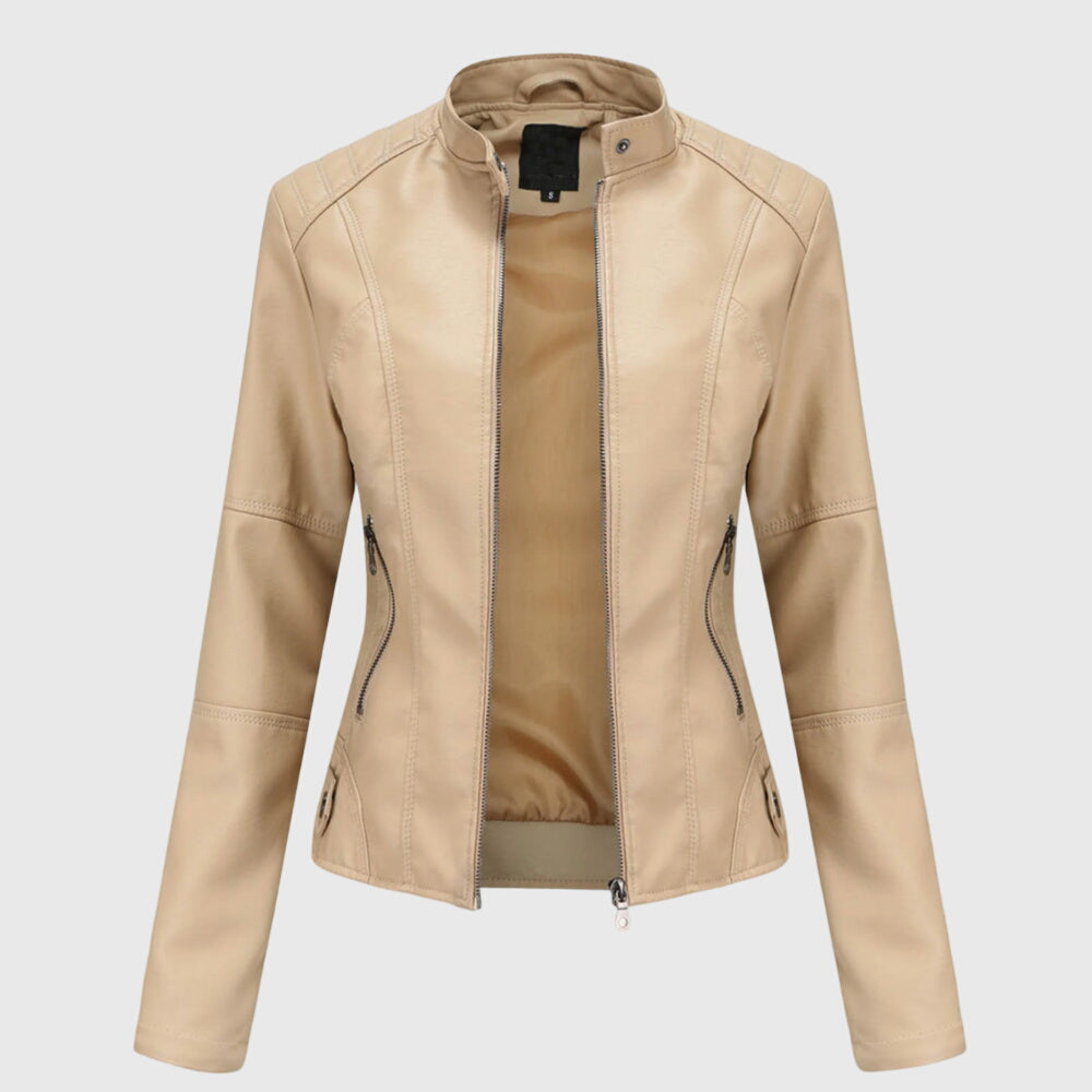 Chaqueta Corta de Cuero para Mujer en Beige