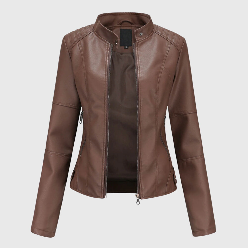 Chaqueta Corta de Cuero para Mujer en Marrón oscuro