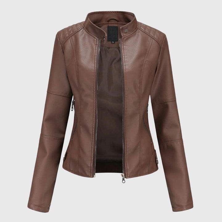 Chaqueta Corta de Cuero para Mujer en Marrón oscuro