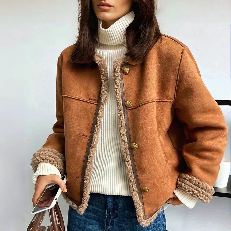 Chaqueta Corta Mujer Forro Polar Relajada en Marrón