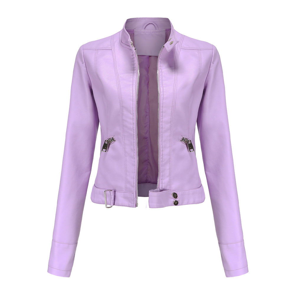 Chaqueta de Cuero Mujer Acortada con Cinturón en Lila