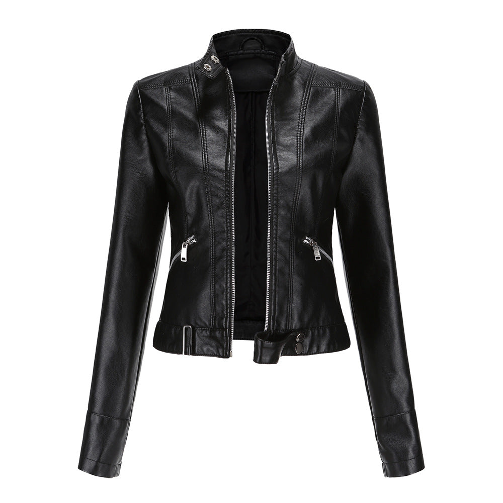 Chaqueta de Cuero Mujer Acortada con Cinturón en Negro