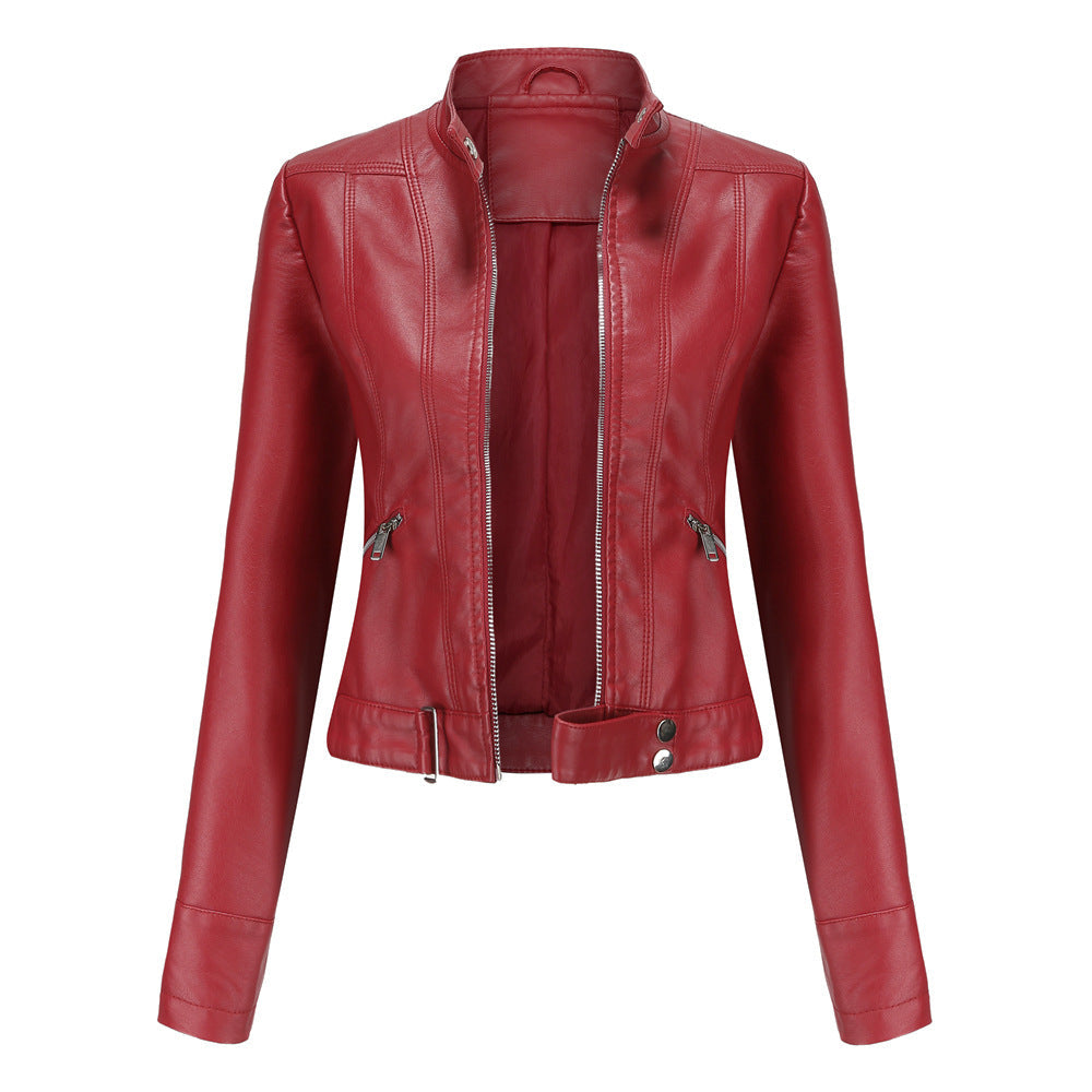 Chaqueta de Cuero Mujer Acortada con Cinturón en Rojo