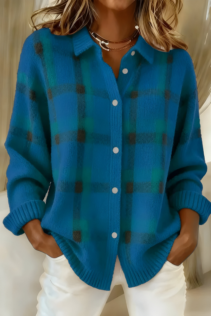 Chaqueta de Punto a Cuadros Acogedora en Azul
