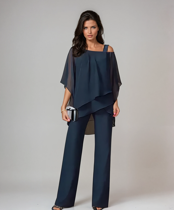 Conjunto Elegante Asimétrico de Capas en Azul marino