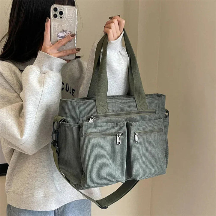 Corduroy Multi-Pocket Tote Bag Crossbody (3)