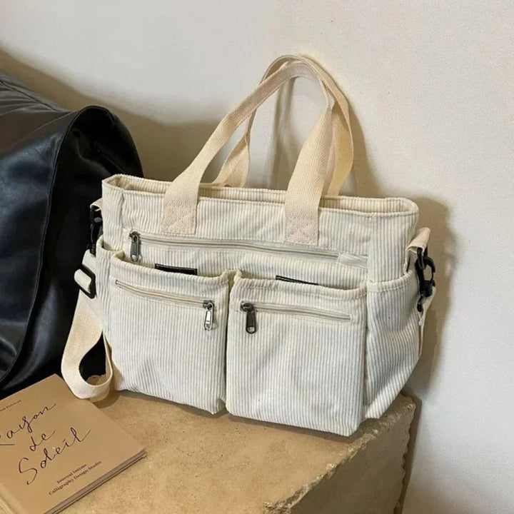 Corduroy Multi-Pocket Tote Bag Crossbody en Beige