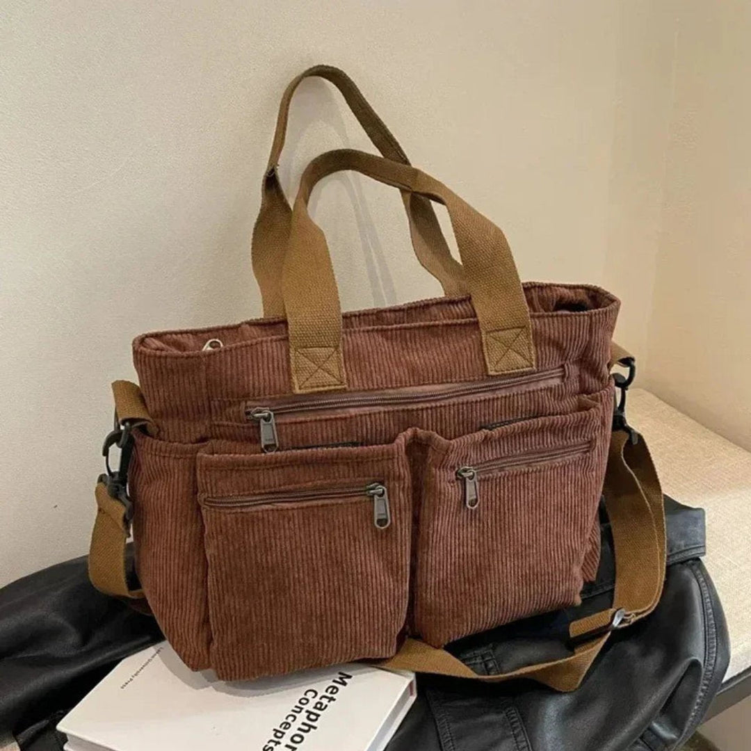 Corduroy Multi-Pocket Tote Bag Crossbody en Marrón