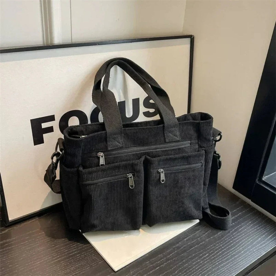 Corduroy Multi-Pocket Tote Bag Crossbody en Negro