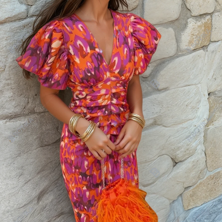 Damen Abendkleid in Midilänge für Hochzeitsgäste in Orange
