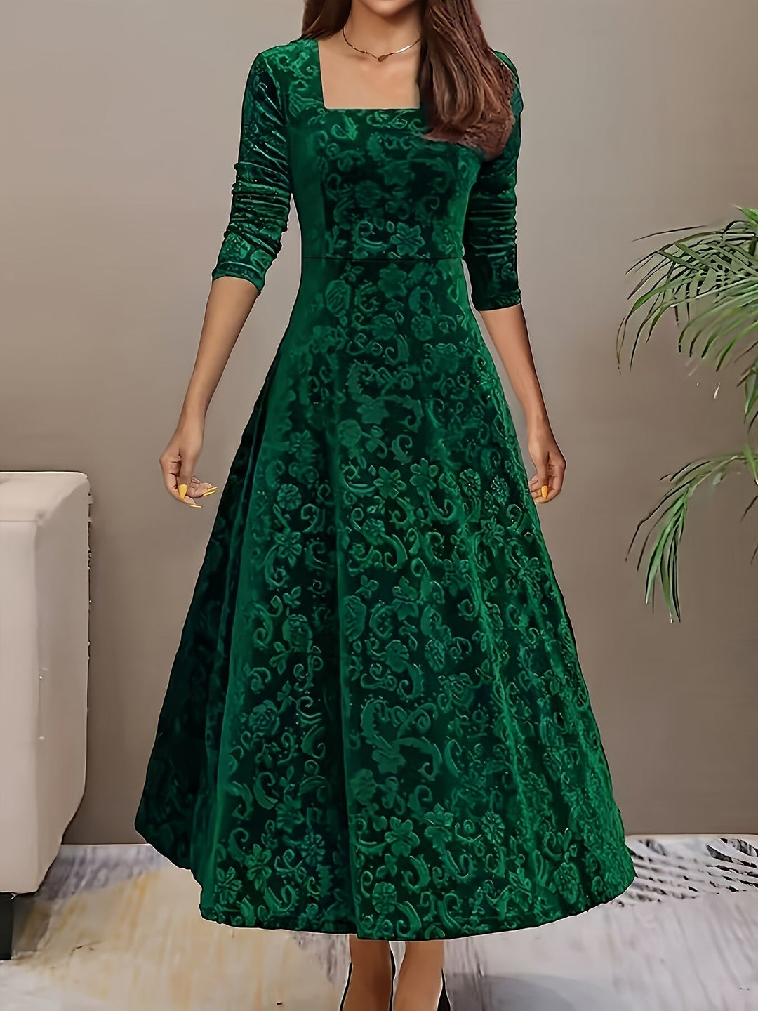 Damen Abendkleid Lang aus Samt mit Blumenmuster (6)