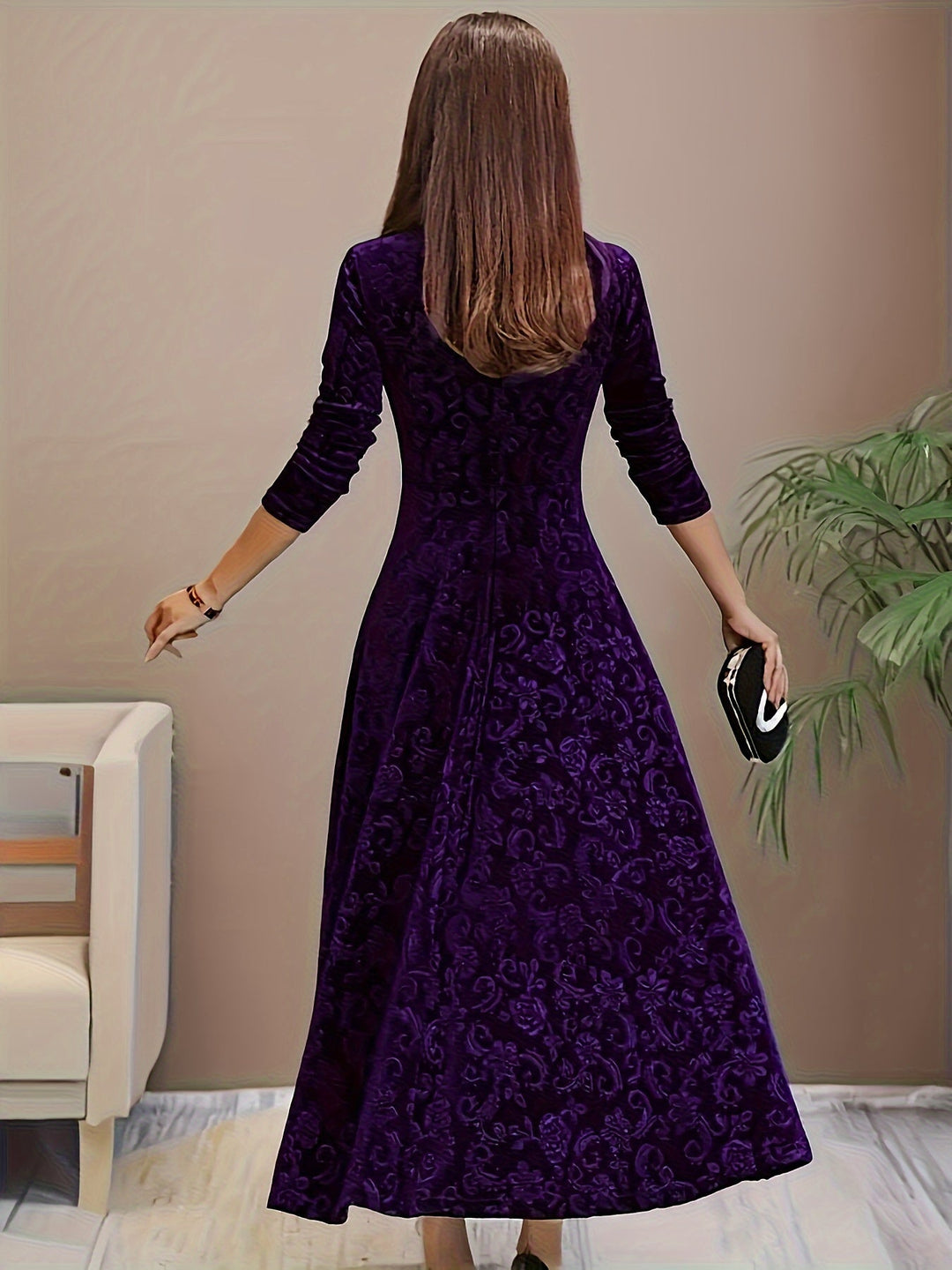 Damen Abendkleid Lang aus Samt mit Blumenmuster (7)